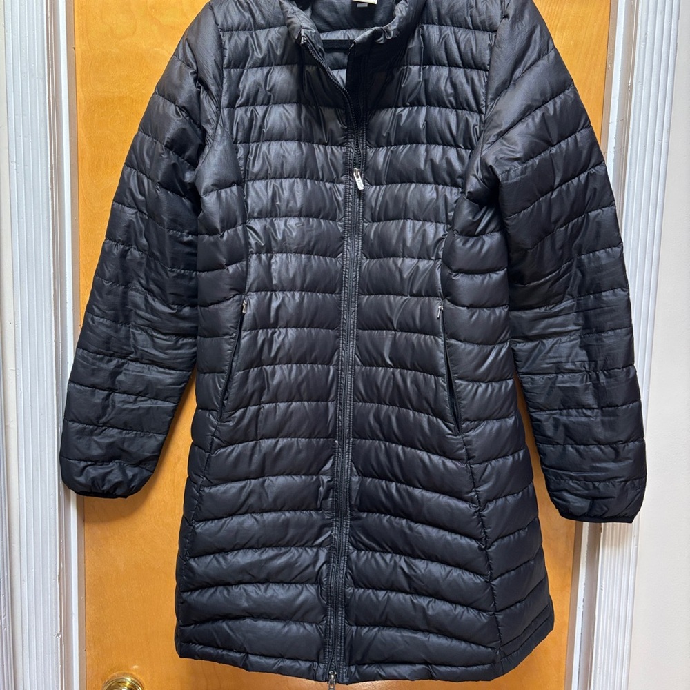 Black Patagonia women’s ultralight down sweater long coat